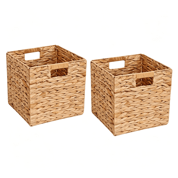 BPPEG 12X12X12" Wicker Storage Basket Set of 2 Foldable Hyacinth Storage Box|Handmade Woven Basket for Closet,Shelf Organization&Decor,Eco-Friendly Wicker Storage Baskets for Shelves-Natural