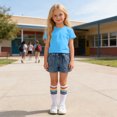 thumbnail image 4 of CYRBOKO Girls Outfit Sets, Casual Elastic Waist Short Sleeve Cotton T-shirts and Jeans and Socks Blue Size 3-4 T, 4 of 8