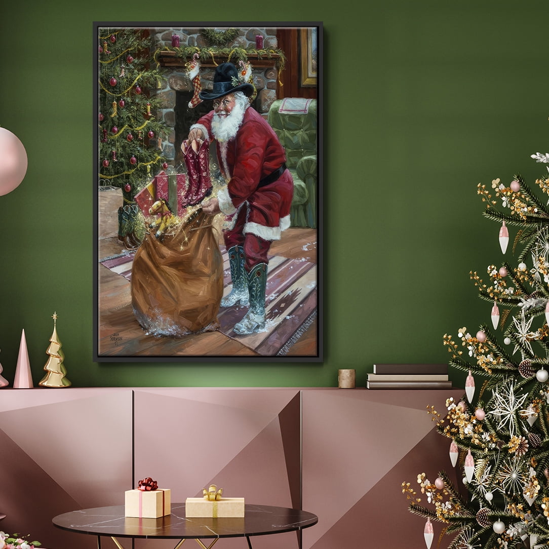 New Boots for Christmas - Framed Gallery Wrapped Holiday Canvas - 27 x 41 - Black Frame
