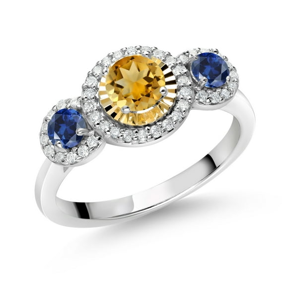 Gem Stone King 0.75 Ct Yellow Citrine Blue Created Sapphire 925 Silver and 10K Yellow Gold 3 Stone Women's Lab Grown Diamond Ring (Size 6)
