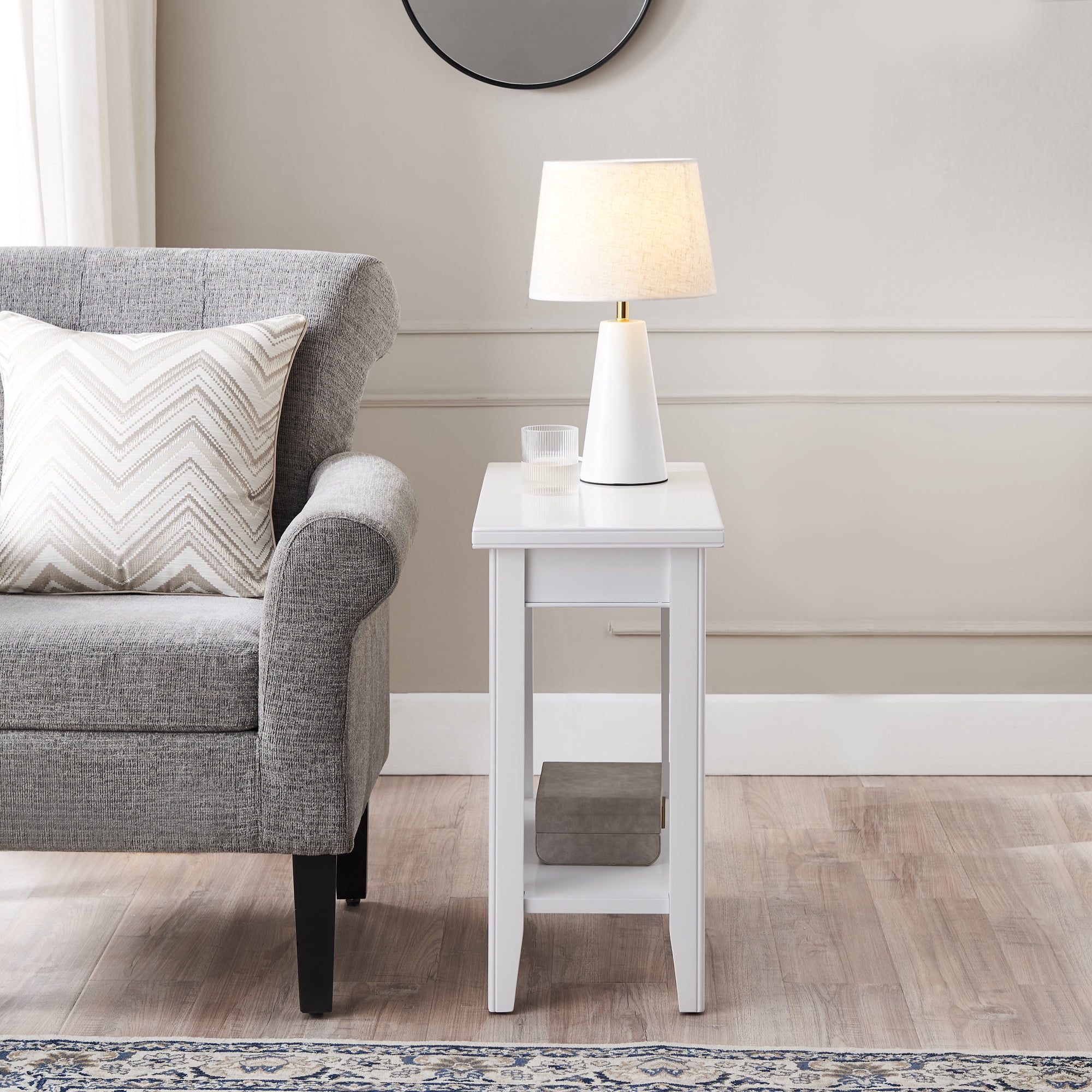 White Solid Wood Narrow End Table with Shelf, Small Space, 12 in. W