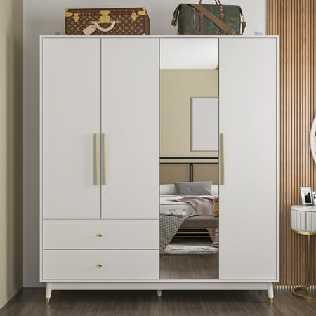FUFU&GAGA Modern Armoire Wardrobe with Hanging Rod, Mirror and Two Drawers, White