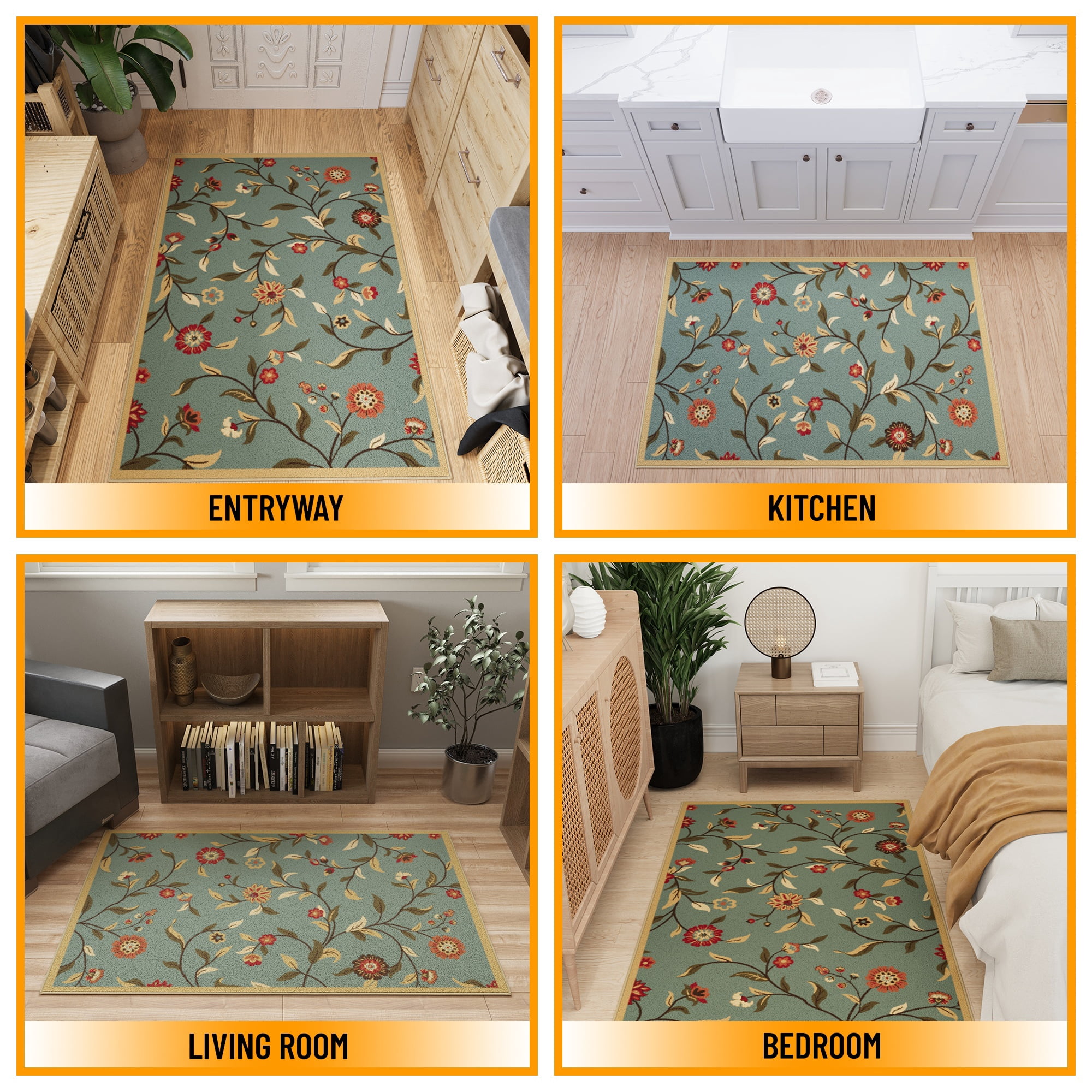 Ottomanson Floral Area Rug 3'3" x 4'7" - Non Slip Low Pile Carpet, Seafoam Green