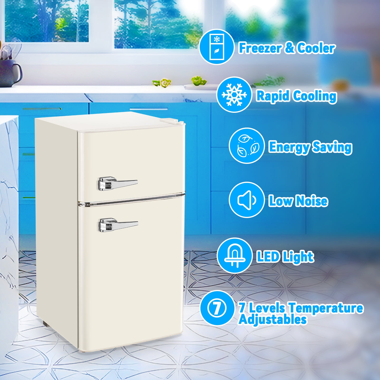 TACOOL Small Refrigerator with Freezer Retro Mini Fridge with Removable Shelves LED Light for Apartment 3.4Cu.Ft White