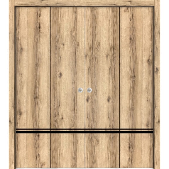 Sliding Closet Double Bi-fold Doors | Planum 0012 Oak with Frosted Glass | Sturdy Tracks Moldings Trims Hardware Set | Wood Solid Bedroom Wardrobe Doors