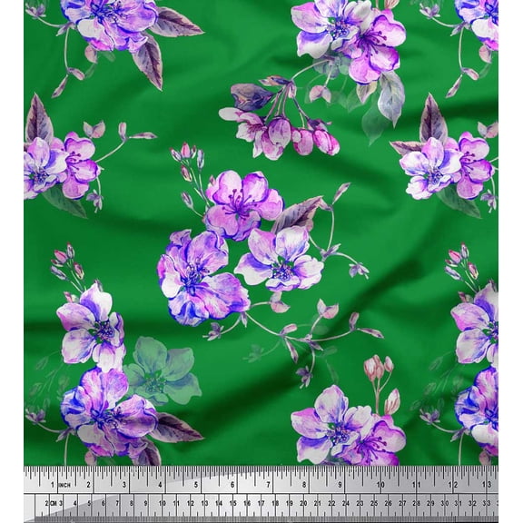 Soimoi Green Silk Fabric Leaves & Flower Floral Print Sewing Fabric Yard 42 Inch Wide