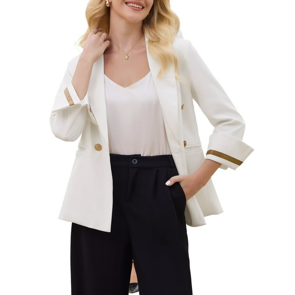 INSPIRE CHIC Women's Double Breasted Formal Blazers Notched Lapel 3/4 Sleeve 2025 Work Office Suit Jackets S White