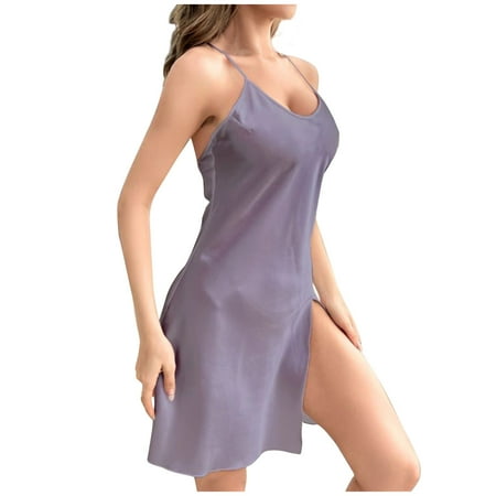 TMOYZQ Womens Full Slip Silk Satin Nightgown Sexy Chemise Lingerie Sleepwear Adjustable Spaghetti Strap V Neck High Split Mini Sleep Dress Nightwear Bridal Babydoll Nightie