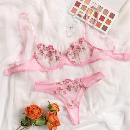 UKLSQMA Women s Sexy Lace Floral Bralette Corset Two-Piece Underwear Set Fashionable Lingerie for Bedroom or Special Nights Pink S