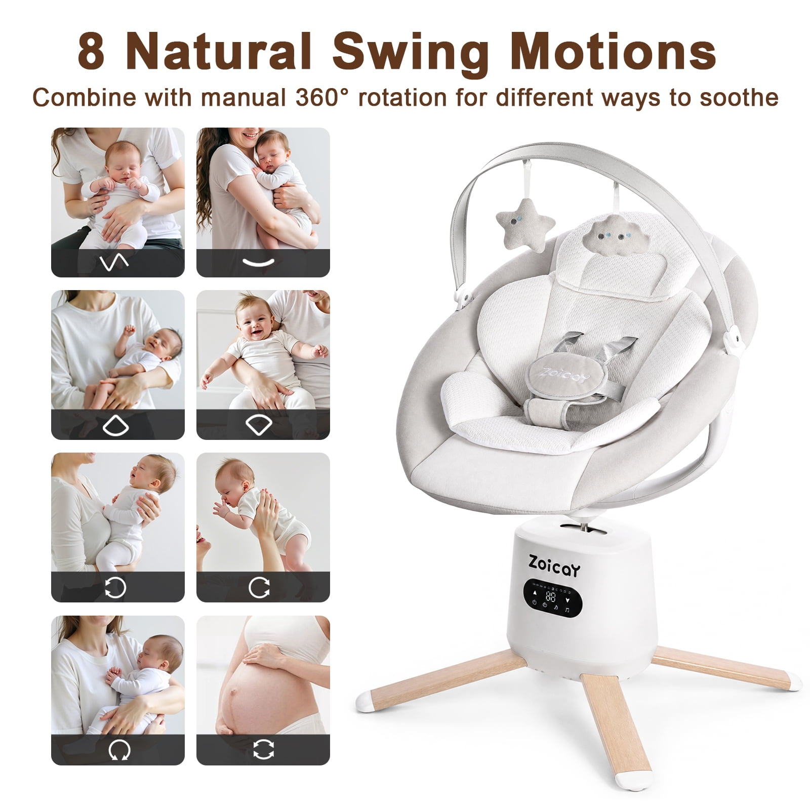 Zoicay Baby Swing, Infant Swing with 8 Motions & 8 Speeds, 360° Rotating Seat, Bluetooth Music & 6 Preset Melodies, APP Remote Control, White