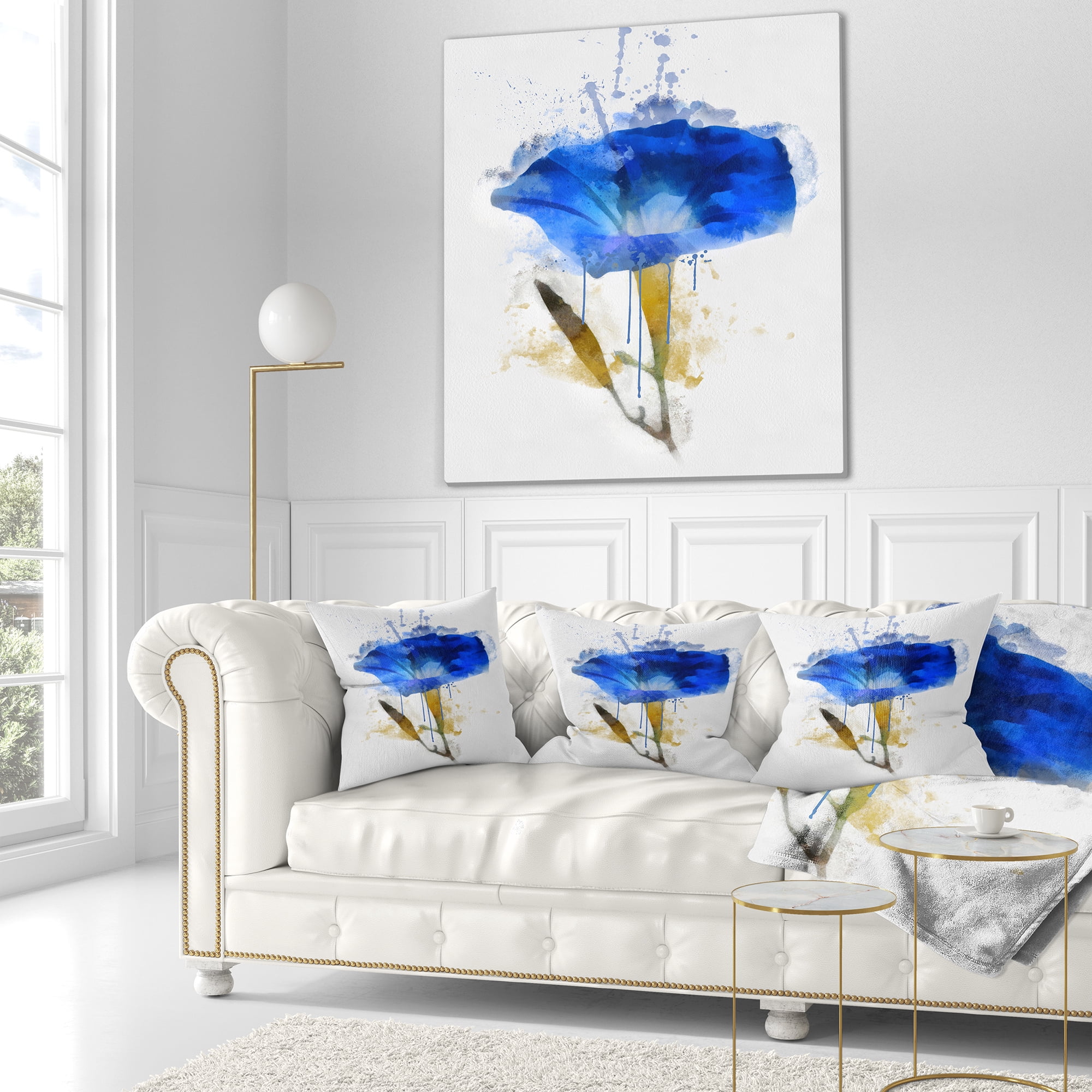 Designart Blue Gentiana Alpina Watercolor - Floral Throw Pillow - 16x16