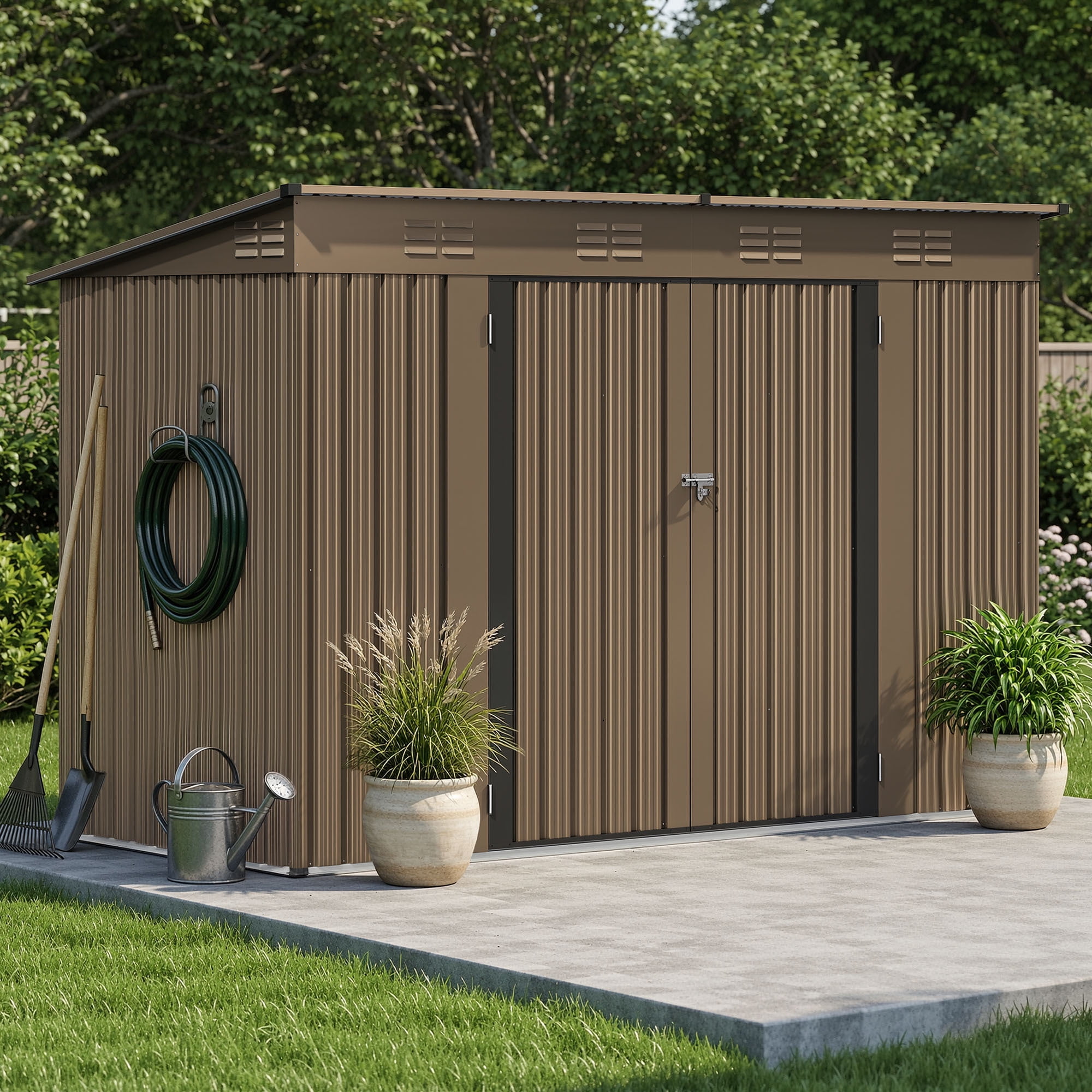 Uforic Large Outdoor Storage Shed, 9x4ft Heavy Duty Metal Tool Shed with Lockable Doors and Air Vents, for Bikes Tools Lawnmowers Backyard Patio Lawn, Brown