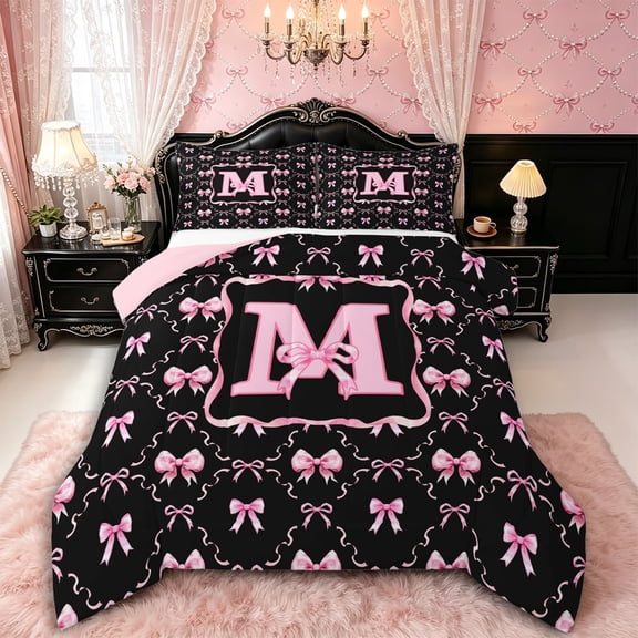 Manfei Black Pink Monogram Letter M Full Size Comforter Sets 3 Pieces for Girls Women,Kids Teens Shabby Chic Ribbon Bow Knot Bedding Sets,Pink Reversible,Super Cozy Room Decor