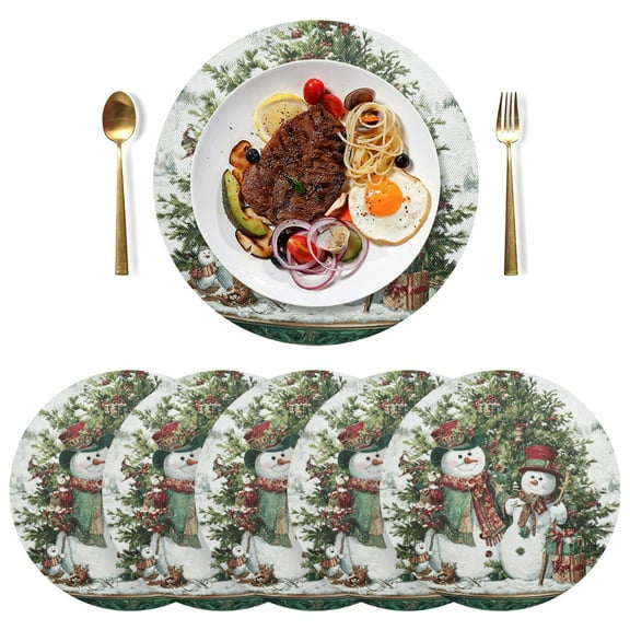 Qxltty 15inch Round Placemats Set of 6 Polyester Fabric Heat Resistant Washable Table Mat for Kitchen Party Decor Snowmen