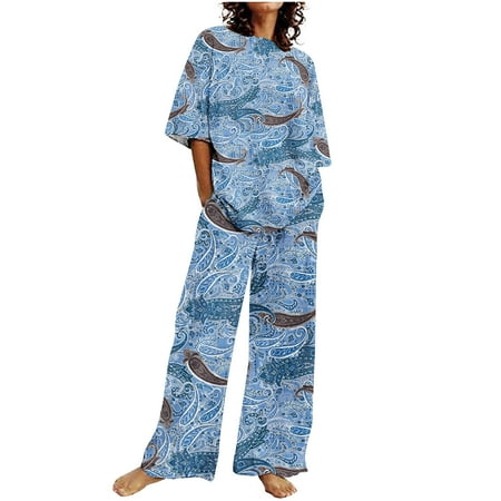 

Edvintorg Womens Pajama Set Clearance Casual Summer Printed Round Neck Short Sleeve Tops Shirt And Long Pants Suit Lounge Sets For Women