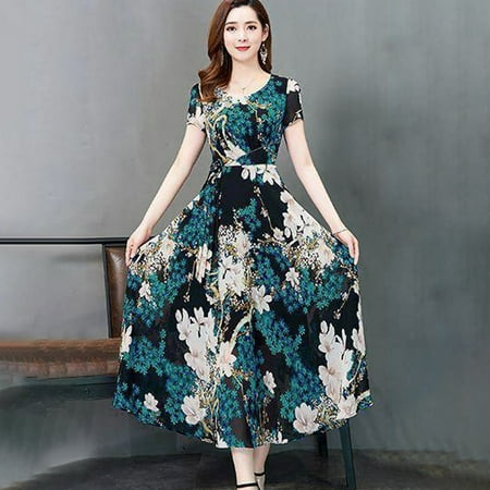 YEAHITCH Winter Formal Dresses Crew Neck Women Dress Shoes Clearance Under $10 Long Sleeve Graphic Printed Dress Summer Blue