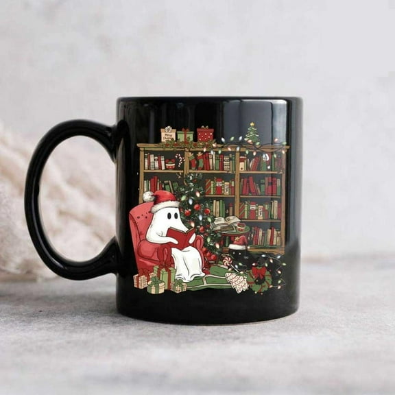 Retro Christmas Ghost Reading Books Mug, Favorite Bookshelf Coffee Mug, Librarian Bookworm Christmas Gift for Reader, Book Lovers Teacher