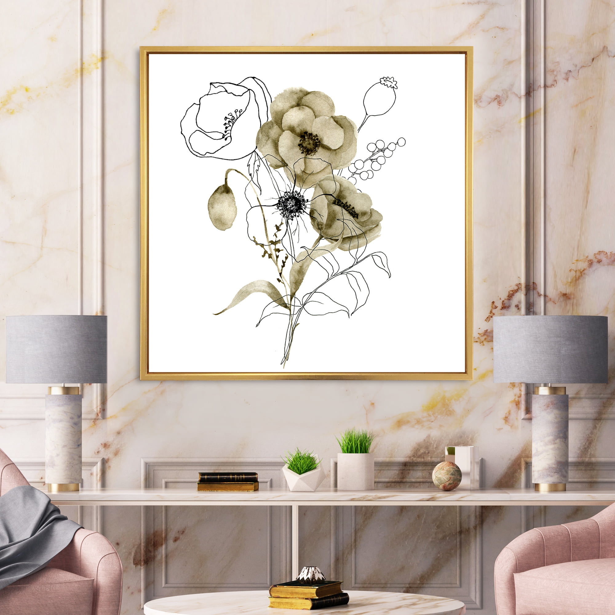 Designart 'Eucalyptus Branches With Anemone Bouquet Flower' Traditional Framed Canvas Wall Art Print