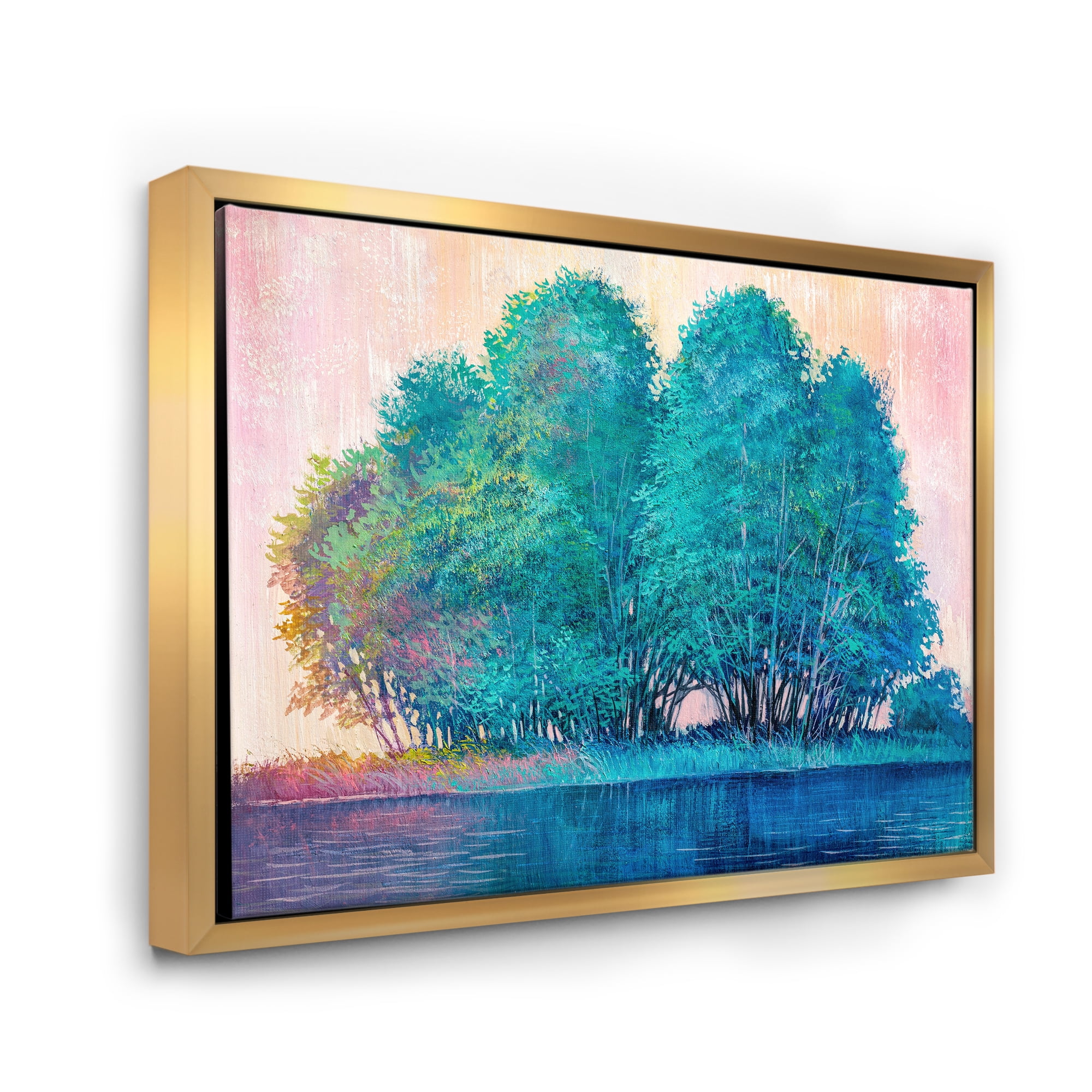 Designart 'Blue Coloured Tree Impression By Lakeside' Lake House Framed Canvas Wall Art Print