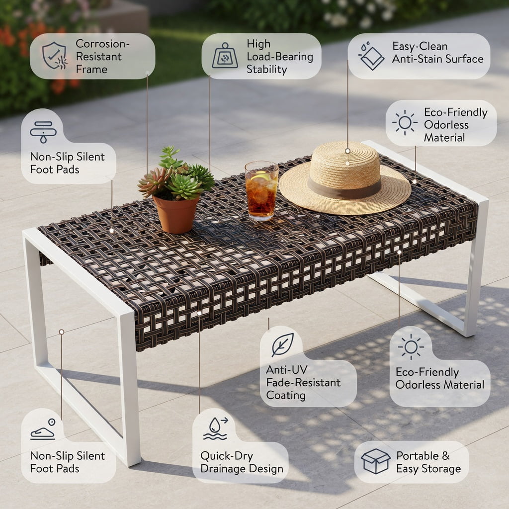 Hommoo 43" Patio Ottoman with Woven PE Rattan Seat, Metal Frame & Removable Cushion, Outdoor Footrest, Loveseat Bench or Coffee Table for Backyard, Poolside & Porch, Natural