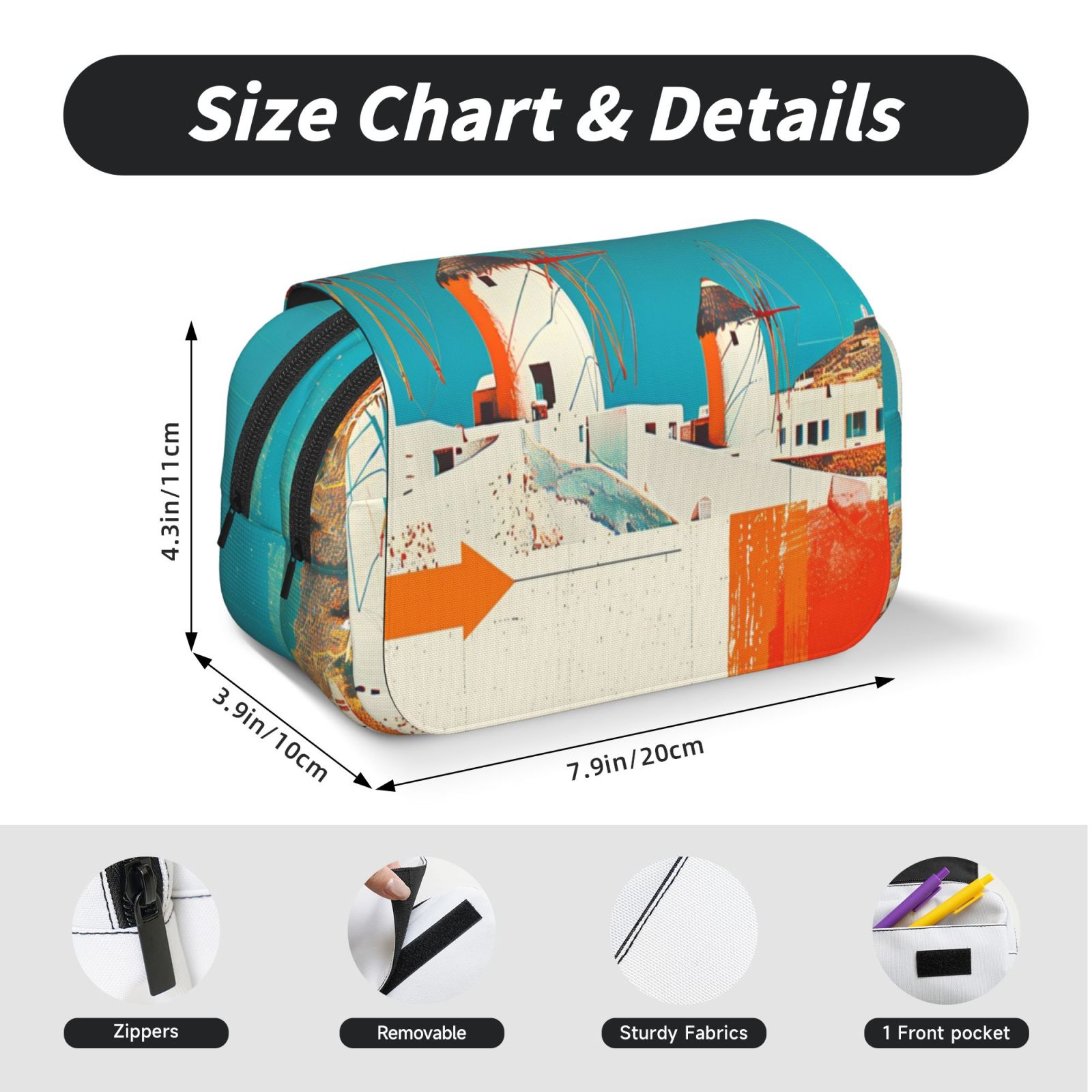 Rateoe Colorful Greek Windmills Pattern Double Clamshell Pen Case, Storage Organizer with Two Zipper Compartments– Holds Up to 50 Pencils & Pens
