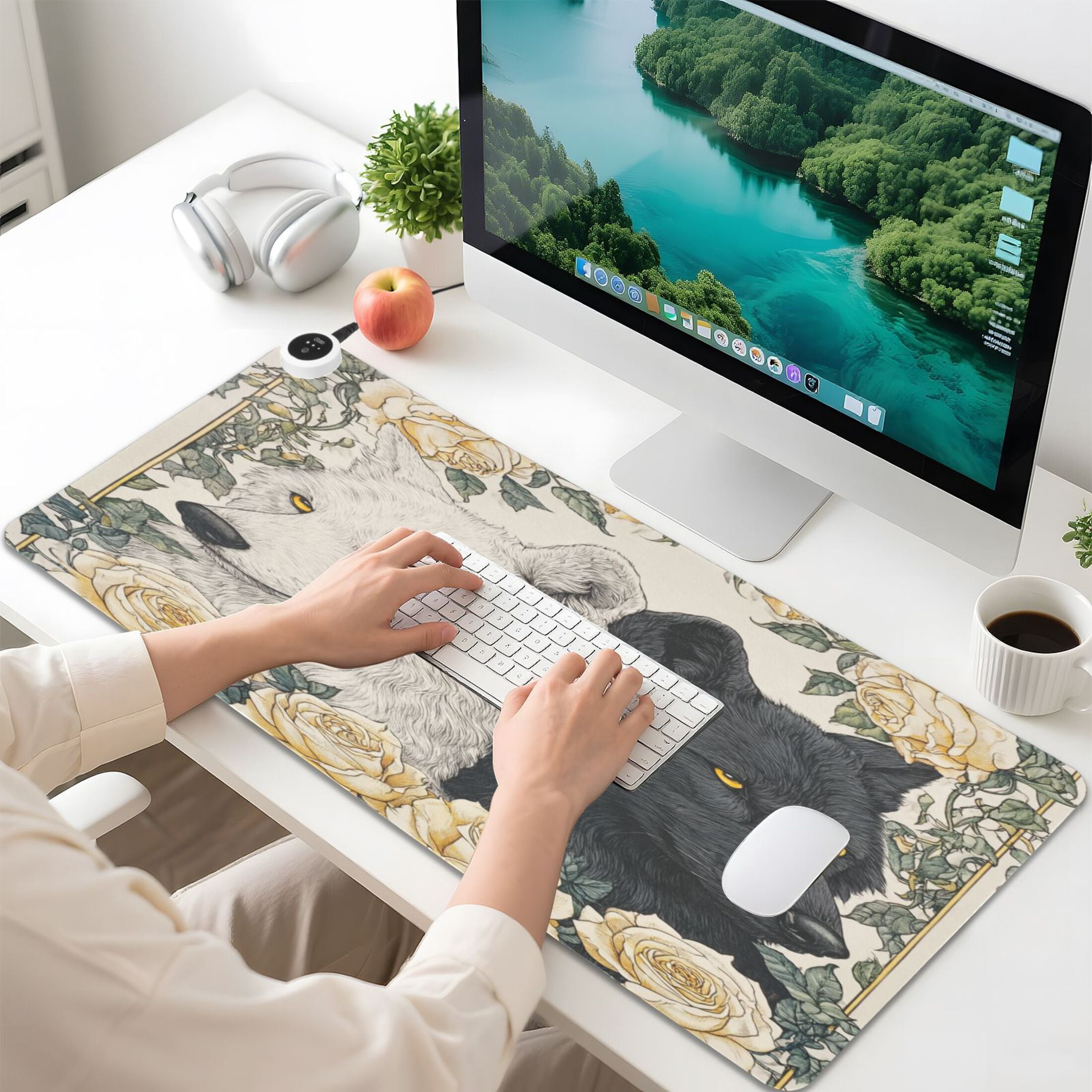 Large Heated Desk Mat Mouse Pad 31.5"x13"PU Leather Graphene Heating Desk Warmer with 3 Temperature Settings 110V US Plug Non-Slip Warm Pad for Home, Office, and Gaming Two Black and White Wolves