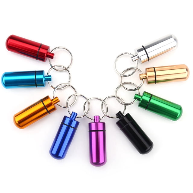 9pcs Pill Case Keychain Pill Container set featuring mini aluminum pill boxes in various colours, including red, blue, green, black, purple, and gold. Each pill box is waterproof, lightweight, and equipped with a keychain for portability. Designed for outdoor use, such as camping or hiking, and suitable for storing pills, matches, or small items.