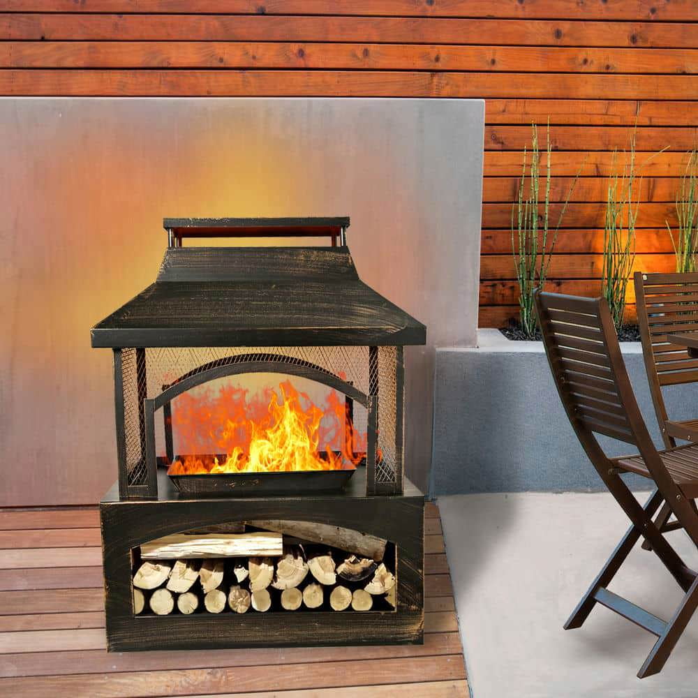 Spaco Rectangular Metal Log Burner Fire Pit with Built-in Log Storage, Outdoor Wood-Burning Fireplace, Fire Pit for Outdoor, Brown