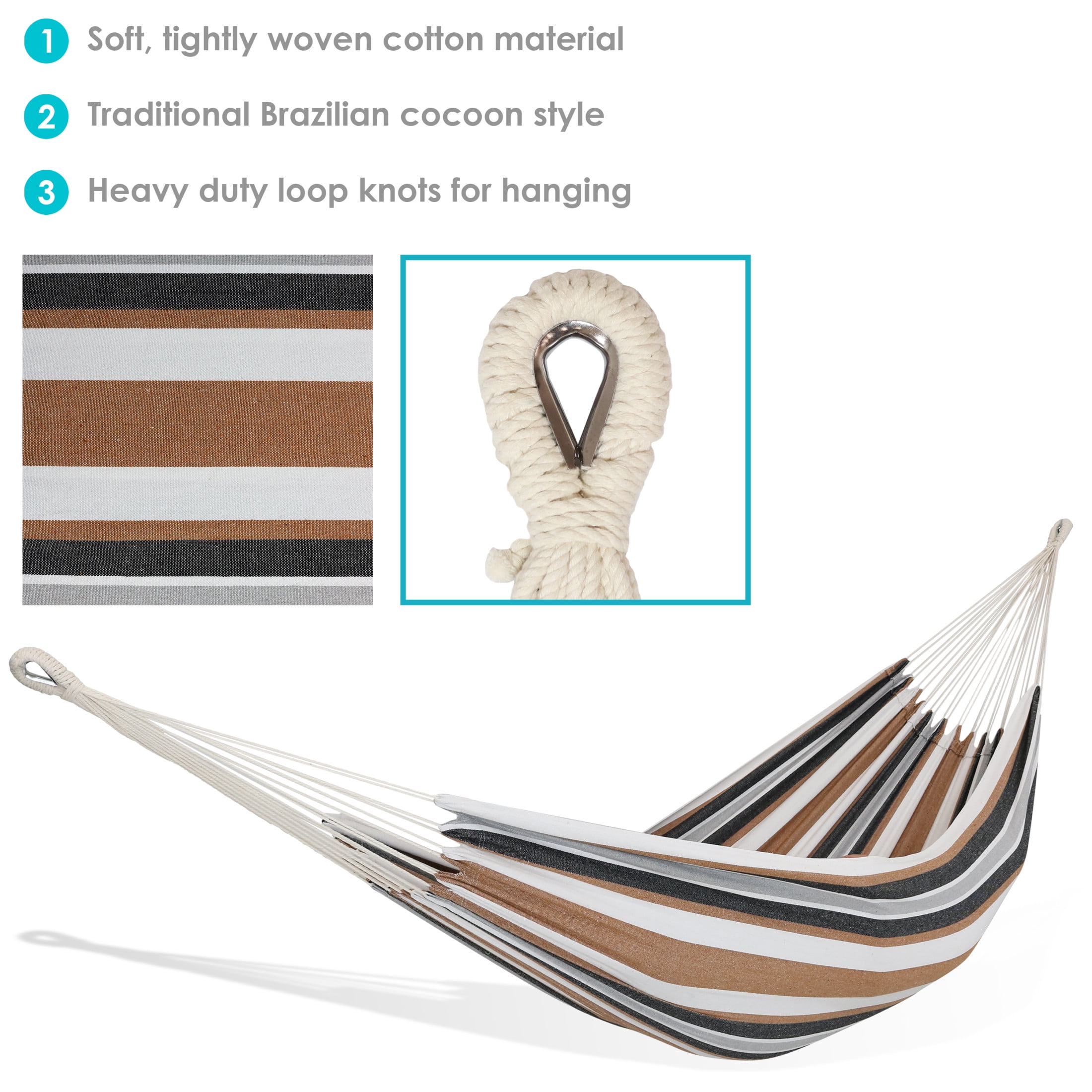 Sunnydaze 2-Person Woven Cotton Brazilian Hammock, 450 lb Capacity - Calming Desert