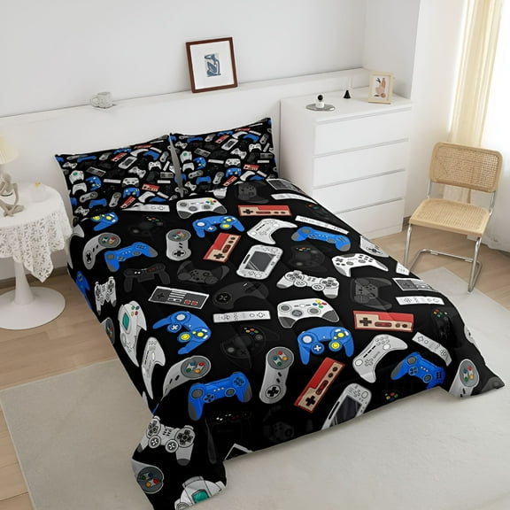 AUQ Modern Black Blue Gaming Joystick Comforters&Duvets,Queen