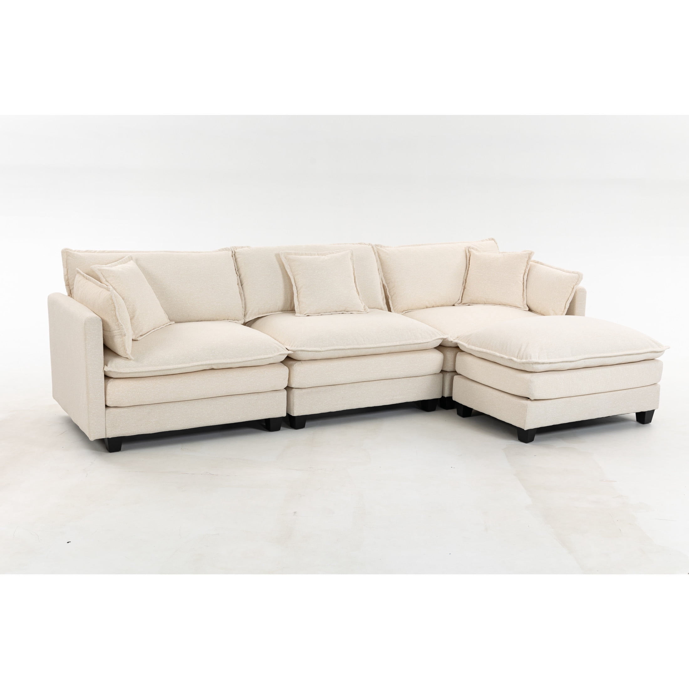 GDF Studio Udolf 113.77" Modern 3-Seat Modular Sectional Sofa with Ottoman and Pillows, Chaise Lounge for Living Room, Beige