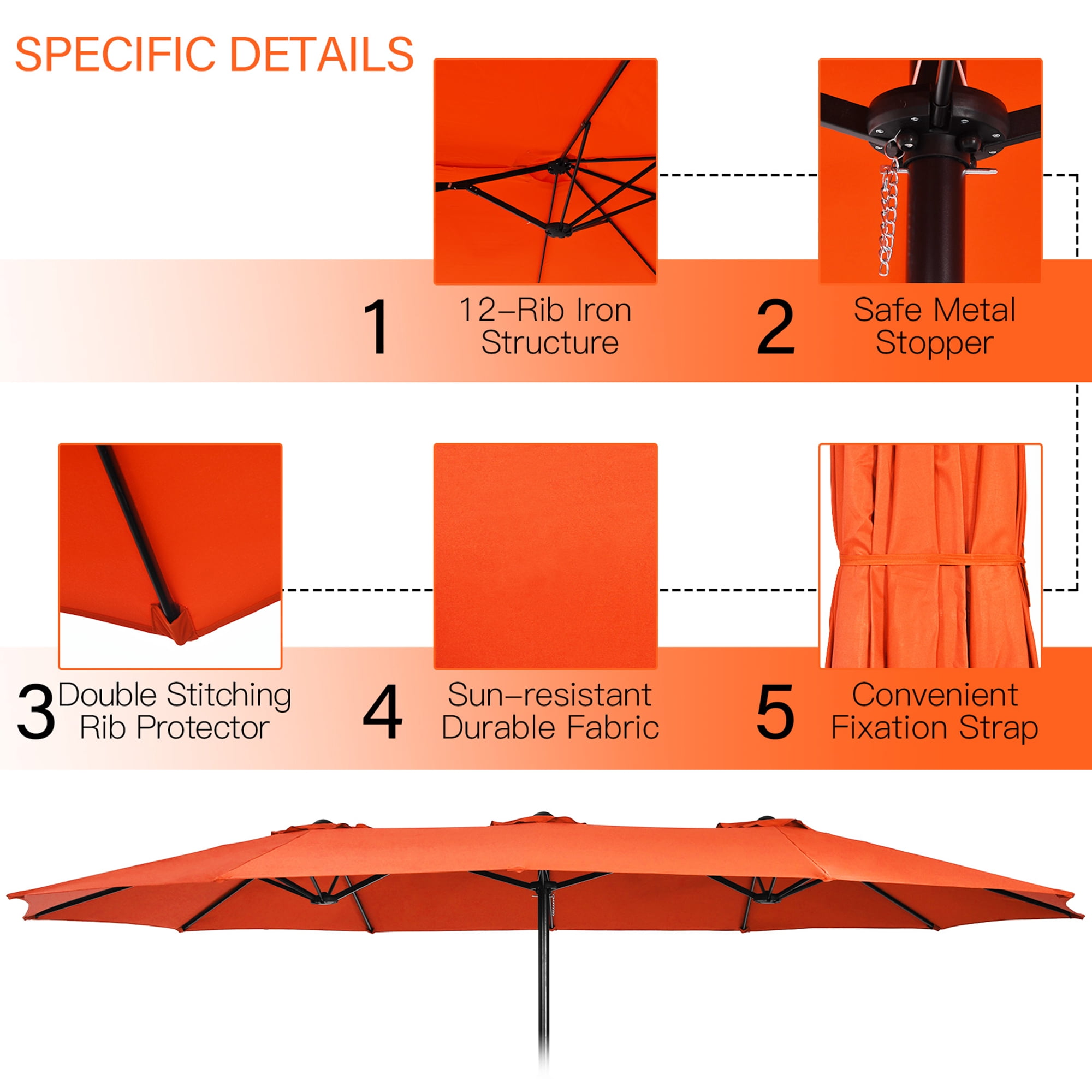 Gymax 15 ft Double-Sided Patio Twin Umbrella Extra-Large Market Umbrella w/ Base Orange