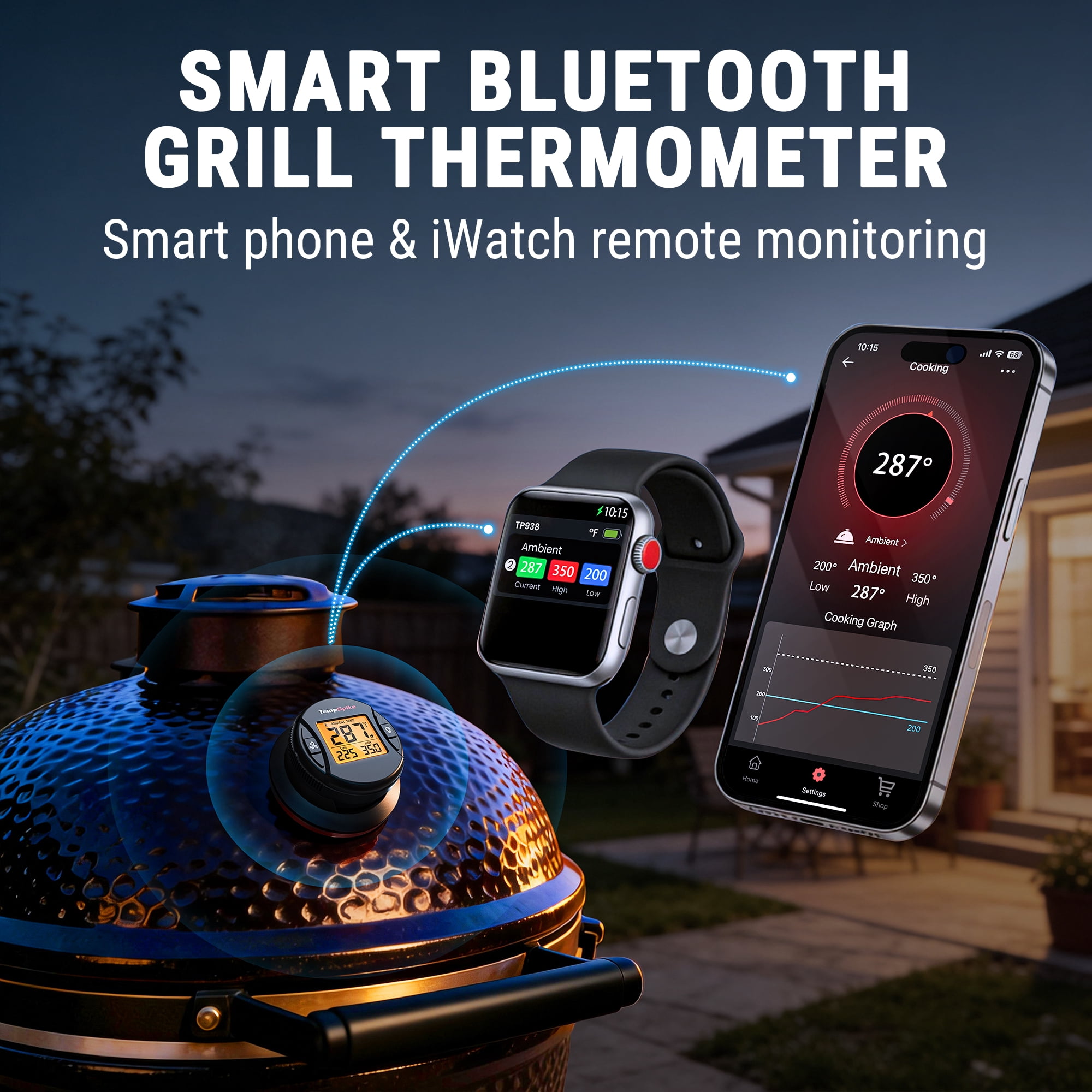 TempSpike Grill Gauge - Wireless Bluetooth Grill Thermometer, 450ft Range, Upgrade Any Grill or Smoker to Smart