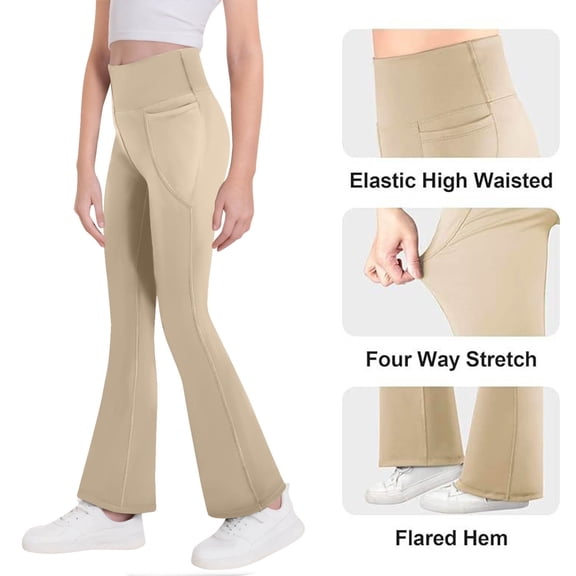 CYRBOKO Girls Active Leggings, Stretchy High Waist Dancewear Casual Wide-leg Bottoms Khaki Size 6-15 T