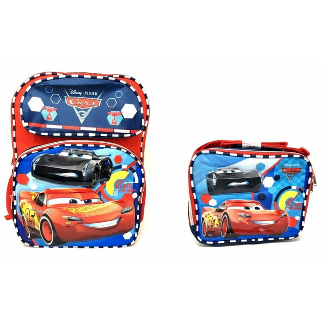 Disney Cars 3 Boys 16" Canvas Blue& Red School Backpack with Lunch Bag