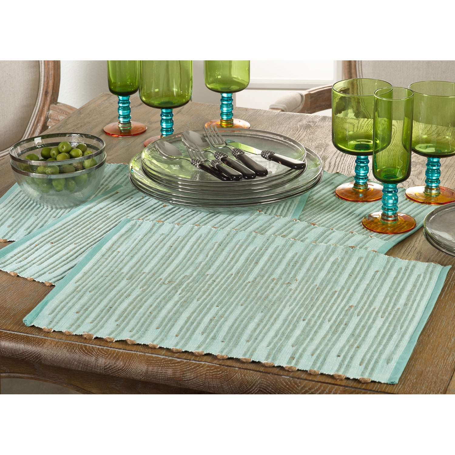 Occasion Gallery Aqua Color Ribbed Design Dining Placemat, 13"x19