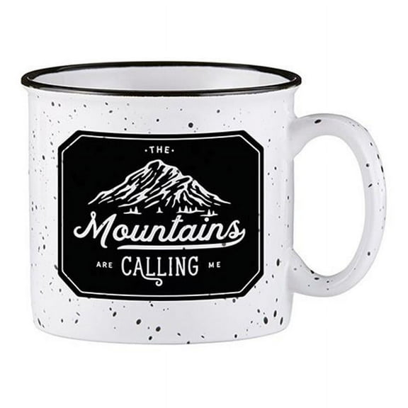 Mountains Are Calling White Speckle 13 ounce Glossy Ceramic Campfire Coffee Mug