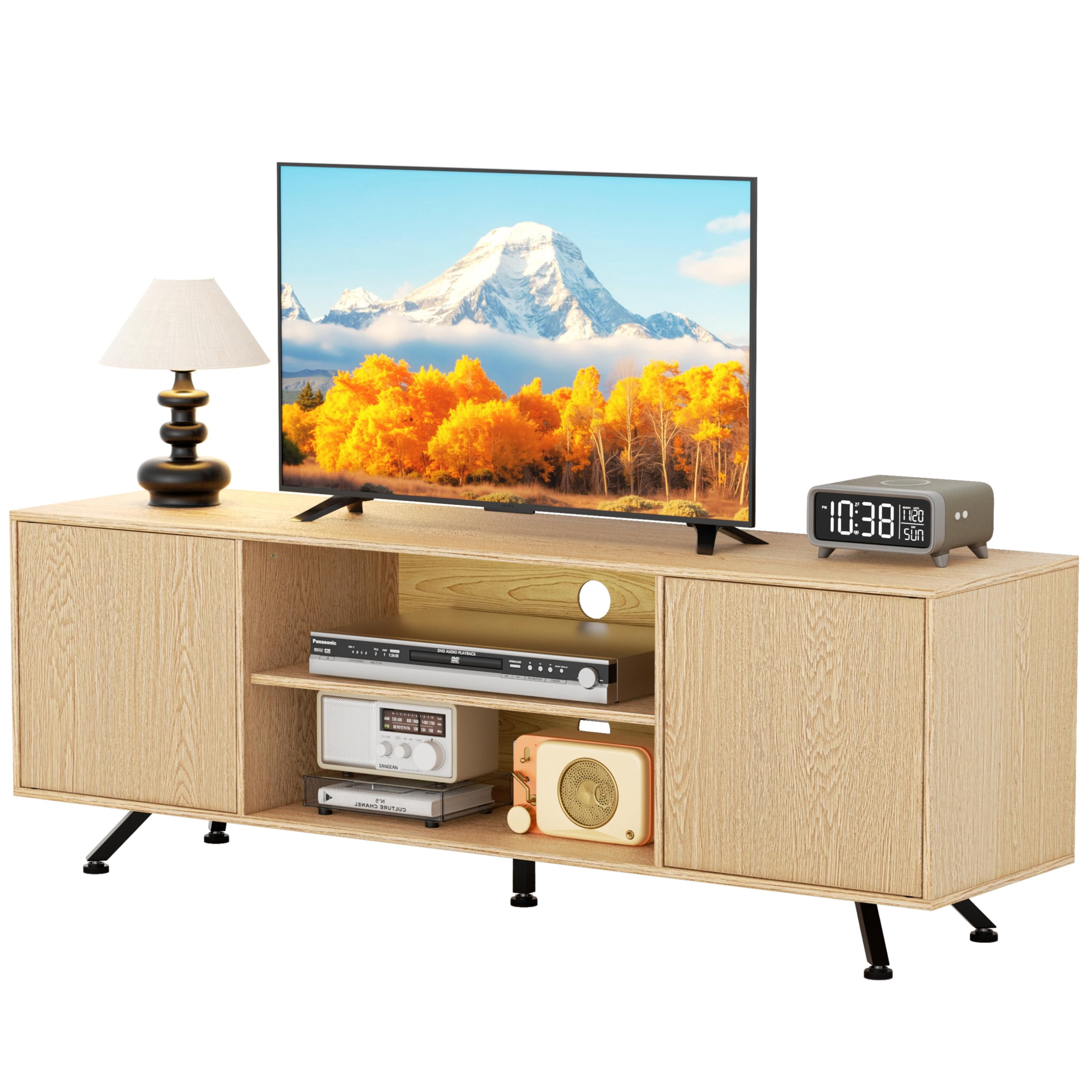 THAILE Mid-Century Modern Television Stand for TVs up to 65", Wooden TV Stand Entertainment Center with Storage Racks, 2 Cabinets, Oak