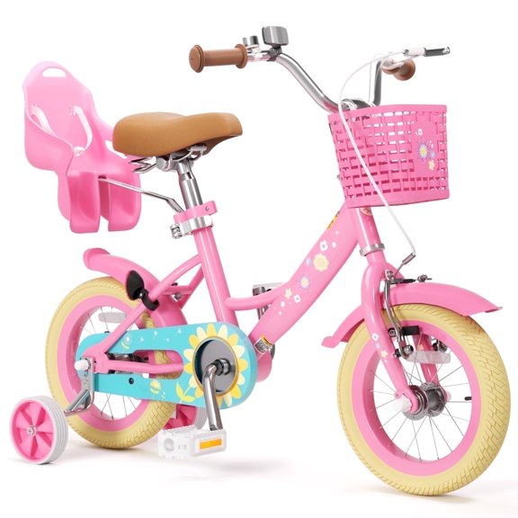 KORIMEFA Girls Bike for 3-9 Years Old Kids, 12 14 16 inch Kids Bike with Training Wheels, Basket and Doll Seat, Children Bicycles with Handbrake, Pink