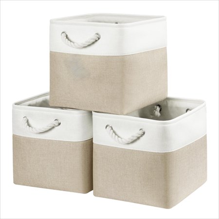 3-Pack Foldable Storage Cubes - Fabric Bins with Handles - White/Beige - For Wardrobe & Under-Bed