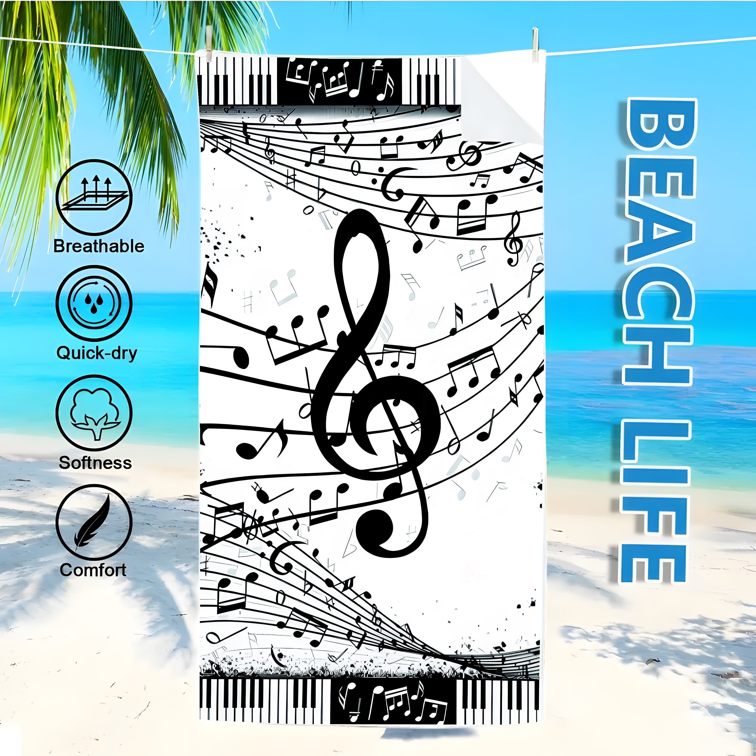 Quick-Dry Music Beach Towel Super Absorbent Bath Towels - Windproof, Microfiber, Bohemian Style Black & White Musical Notes Design - Ideal for Sports, Travel, Swimming, Yoga