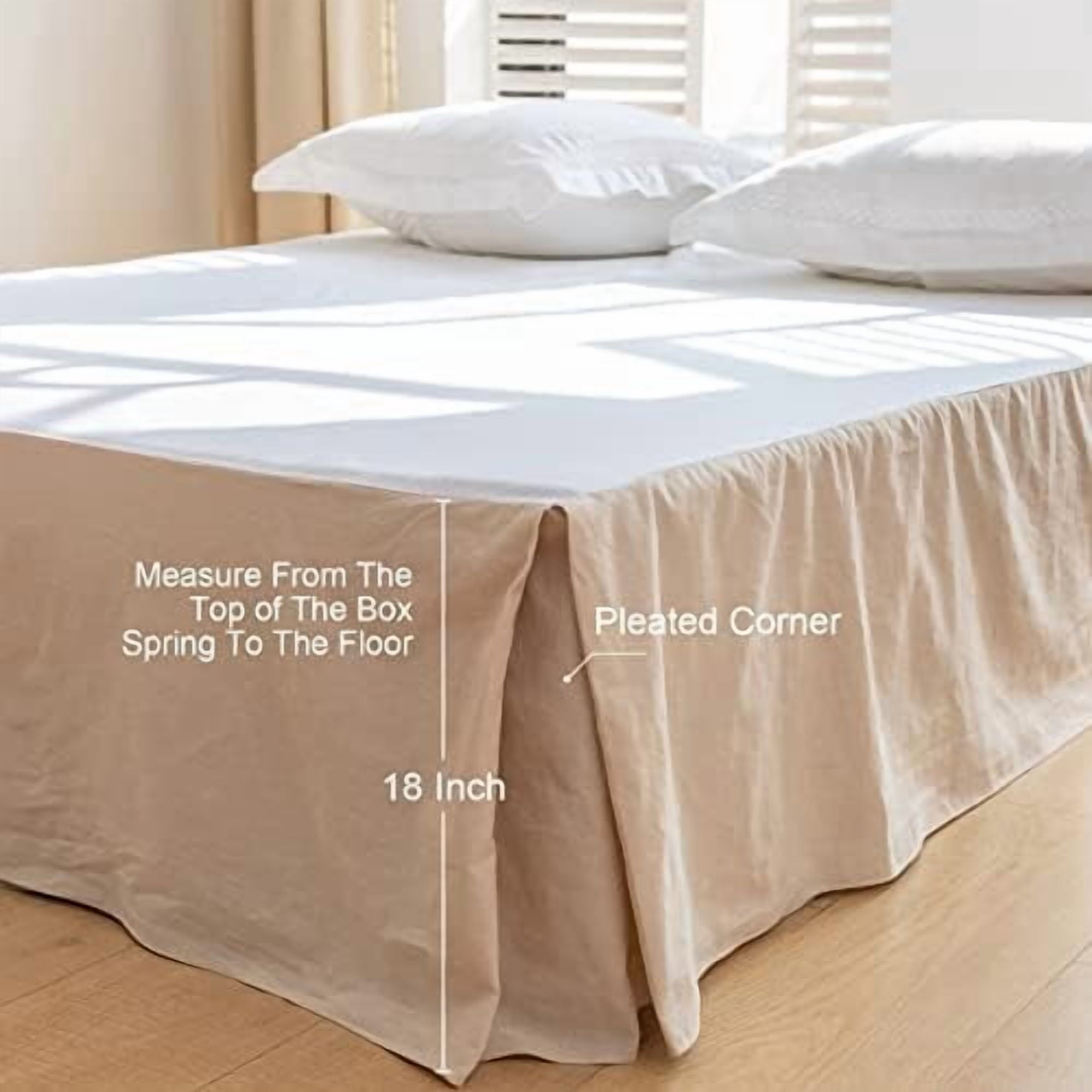 French Linen Bed Skirt with Pleated Corner 18-Inch Tailored Drop Natural Flax Cotton Blend Basic Dust Ruffle Soft Cozy Farmhouse Bedding (18" Queen, Basic Linen)
