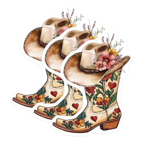 (3 Pack) Floral Cowboy Boot Decals - Western Hat Stickers - Country Style Decals - 3 Inches On Longest Side - Easy Peel & Apply - Made in USA - 3MCS4444