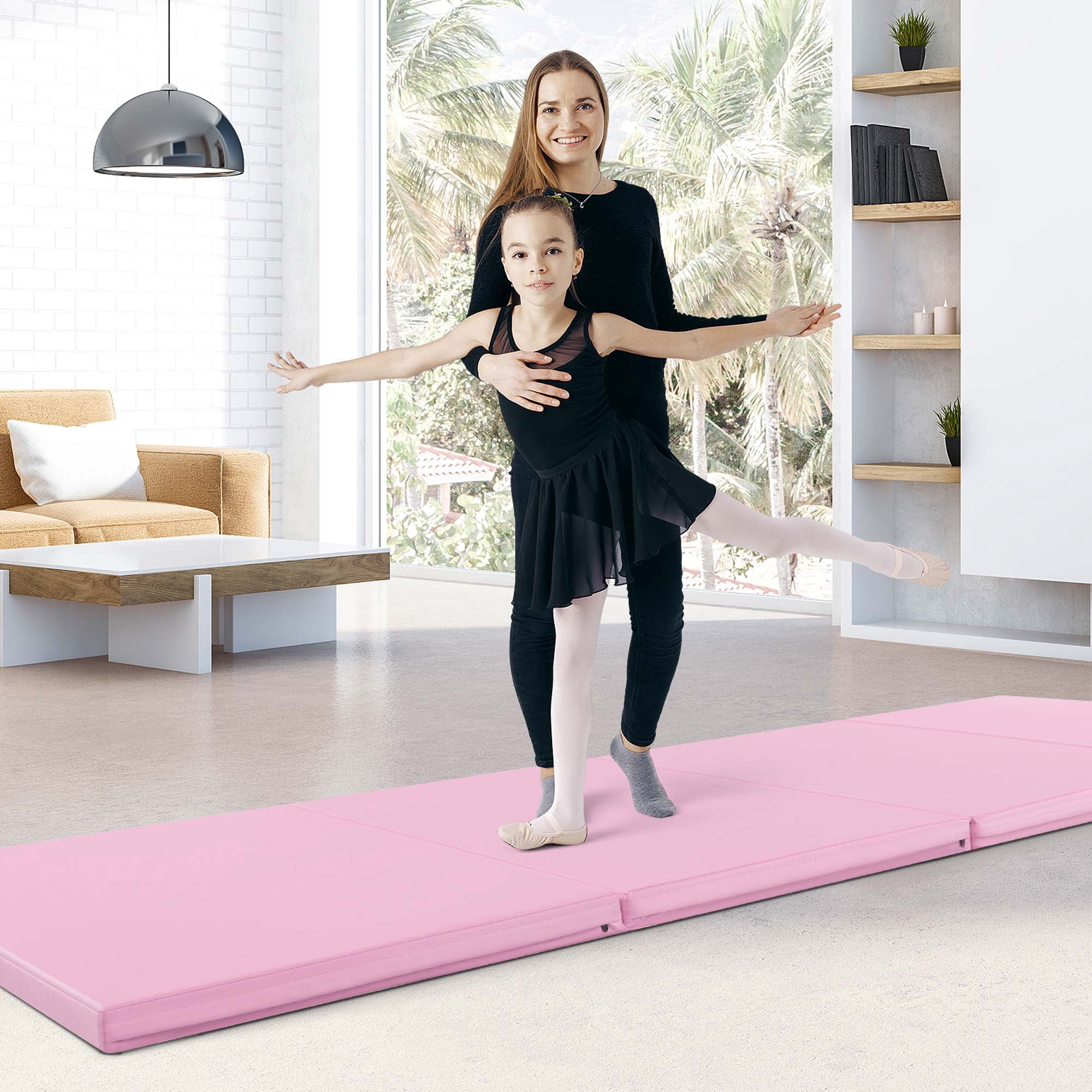 Costway 10' x 4' x 2" 4-Panel Folding Exercise Mat with Carrying Handles for Gym Yoga Light Pink