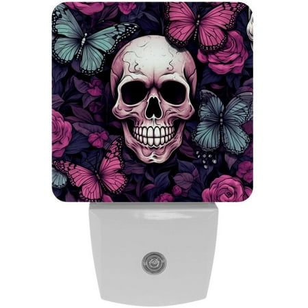 

Skull with Butterflies Aesthetic Pattern 2 Pack Night Lights Plug Into Wall Decorative With Auto Dusk-To-Dawn Sensor LED Night Light For Kids Adults Rooms Toilet Hallway Stairs