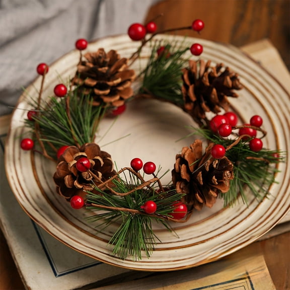 Handcrafted European Style Christmas Candle Wreath - Pinecone and Berry Decor for Candlelight Dinners and Festive Table Settings
