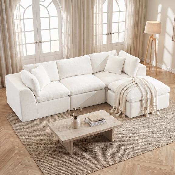 108'' Chenille Sectional Sofa with Ottoman, Modern Boneless Cloud Couch with Deep Seat, 3 Seater L-Shaped Modular Sofa for Living Room, No Assembly Required, Beige