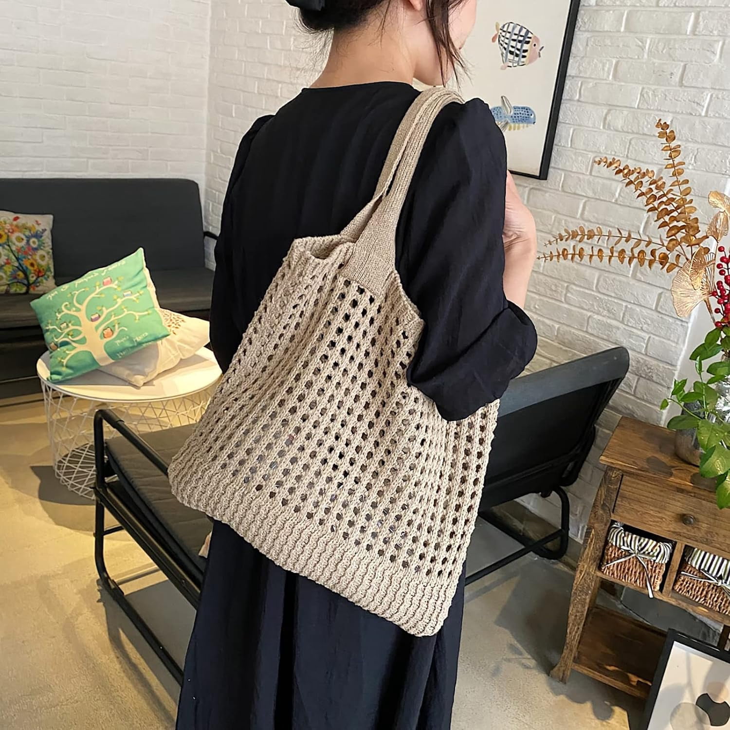 Kukuzhu Crochet Beach Bags for Women, Woven Travel Tote Fishing Net Handbag Shopping Large Hobo Shoulder Bag for for Holiday