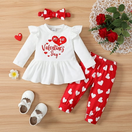 

PatPat 3pcs Baby Girl Cotton Ruffle Long-sleeve Letter Graphic Top and Allover Heart Print Pants & Headband Set