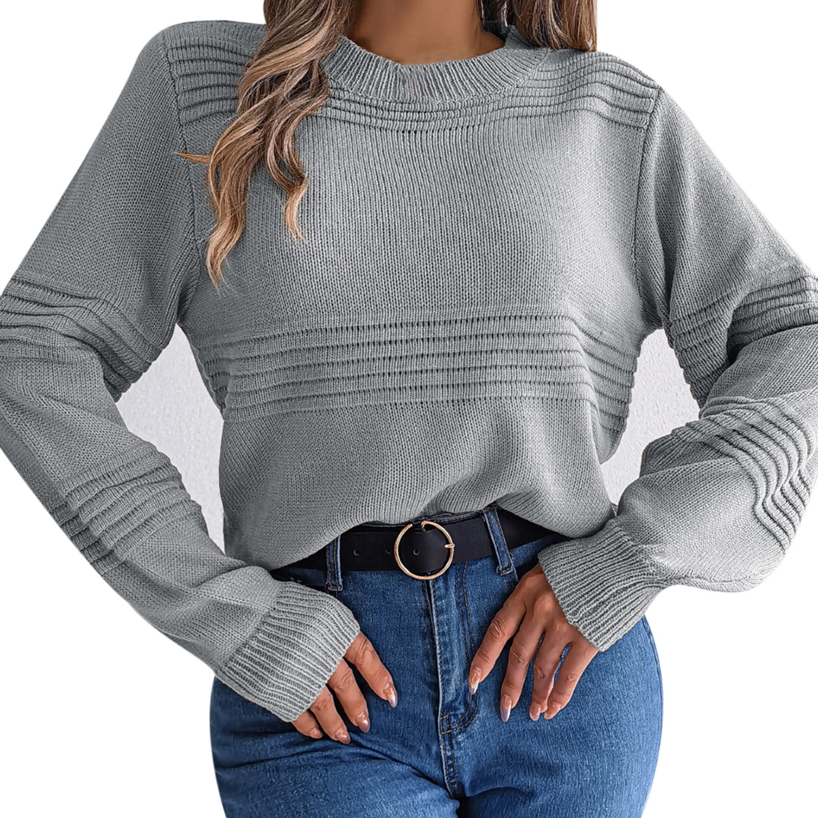 Entyinea Womens Cute Sweaters Long Sleeve Ribbed Knit Pullover Loose ...